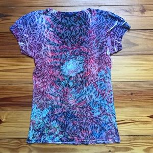 July Five Purple Pink Blue Sheer Floral Tee, EUC, 2